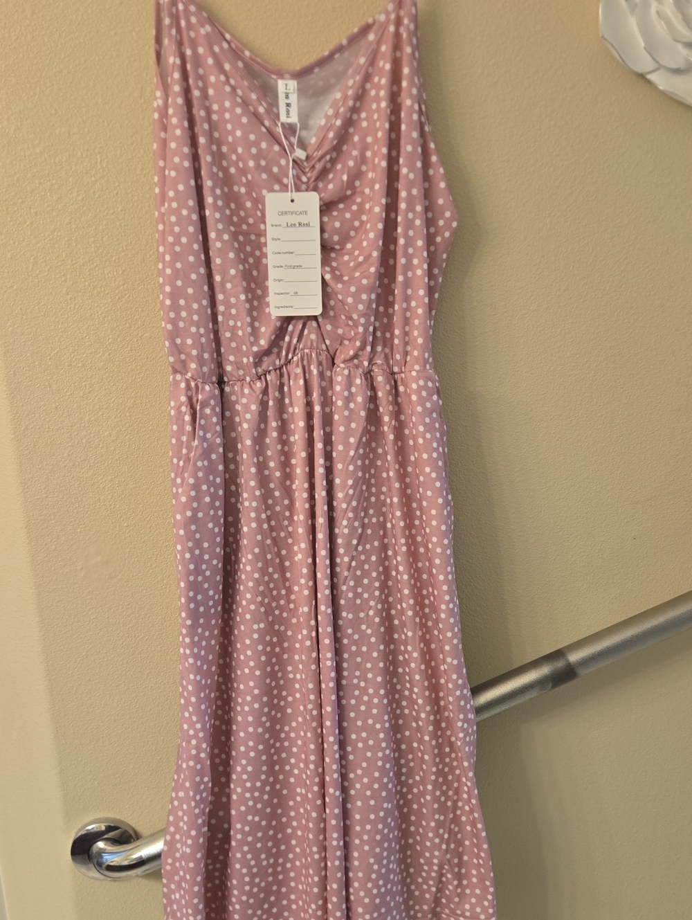 Large Leo Rosi Pink Polka Dot V-Neck Spaghetti Strap Dress. Just Below The Knee.